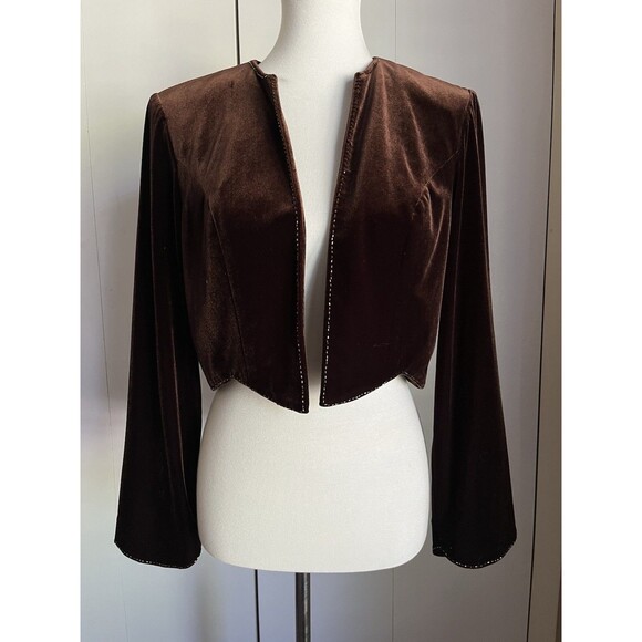 Vintage Positive Attitude Brown Velvet Cropped Jacket Women’s Size 10 Open Front - Picture 1 of 10